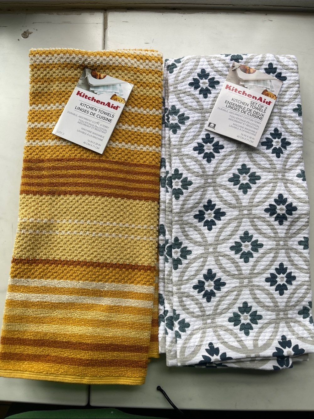 KitchenAid Yellow Striped and White Floral Kitchen Towels - Set of 2